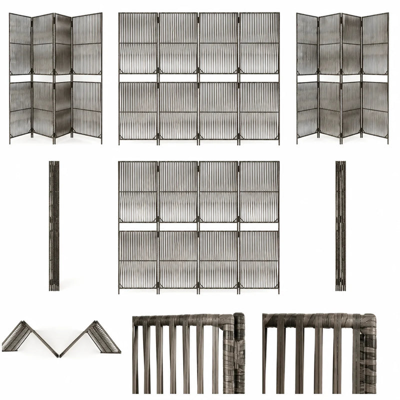 Paravent Pliant 6 Panneaux Polyrotin Gris Cadre Acier Intérieur Extérieur