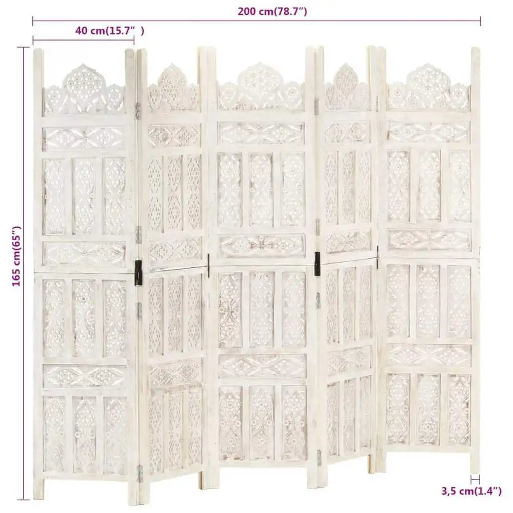 Paravent 5 Panneaux Bois de Manguier Sculpté Blanc 200 x 165 cm