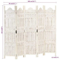 Paravent 5 Panneaux Bois de Manguier Sculpté Blanc 200 x 165 cm