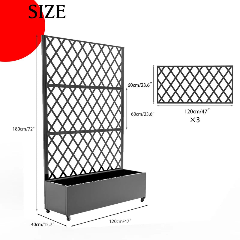Paravent Extérieur Métal Jardinière Treillis Roulettes Noir Blanc 180 x 120 cm