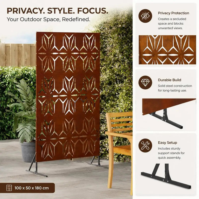 Paravent extérieur acier patine rouille motif étoiles, pour une terrasse