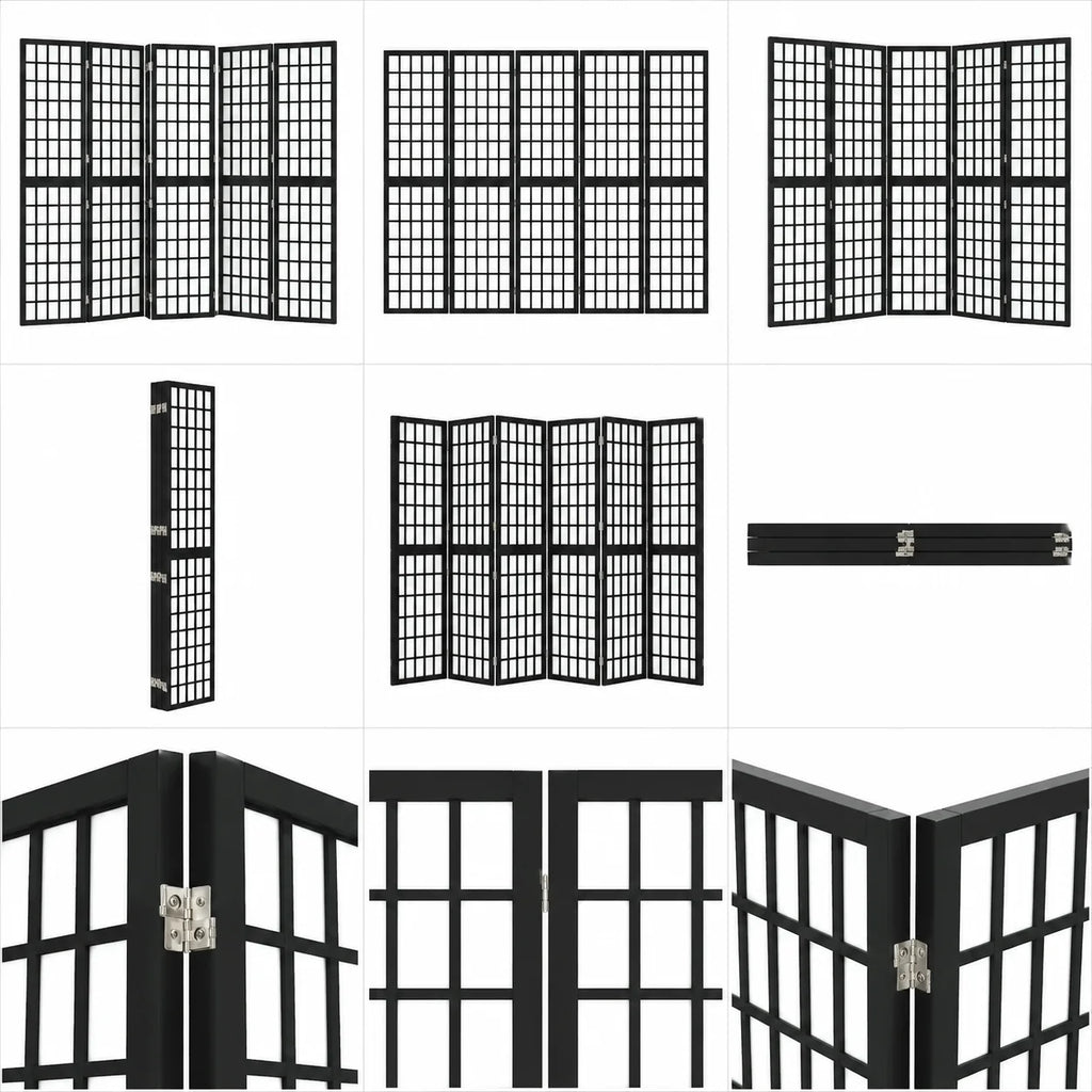Paravent Japonais 6 Panneaux Shoji Papier de Riz Noir 240 x 170 cm