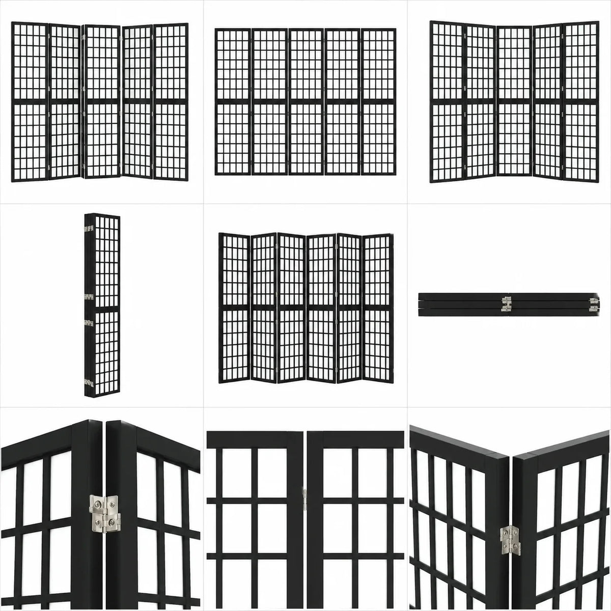 Paravent Japonais 6 Panneaux Shoji Papier de Riz Noir 240 x 170 cm