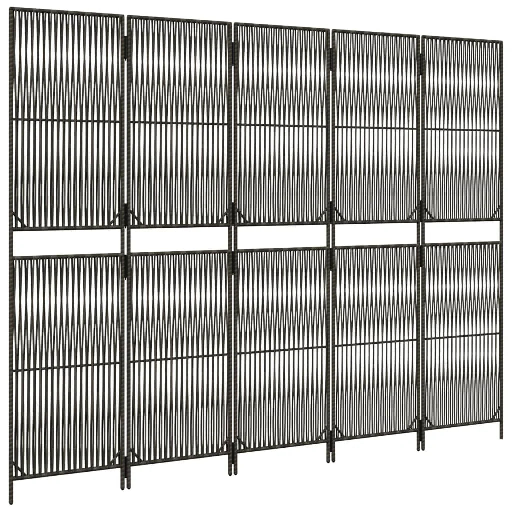 Paravent Pliant 5 Panneaux Polyrotin Gris Tissage Linéaire Cadre Acier