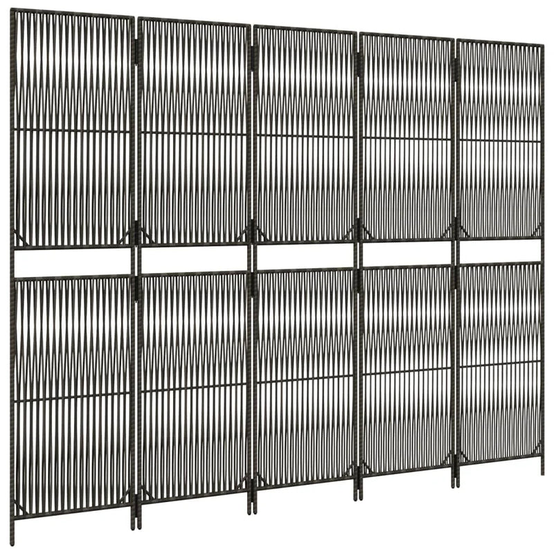 Paravent Pliant 5 Panneaux Polyrotin Gris Tissage Linéaire Cadre Acier