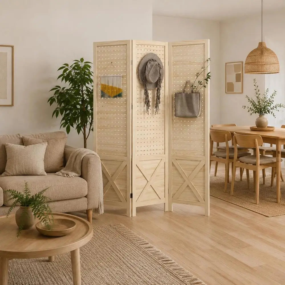 Paravent 3 Panneaux Perforés Bois Naturel 114 x 144,5 cm