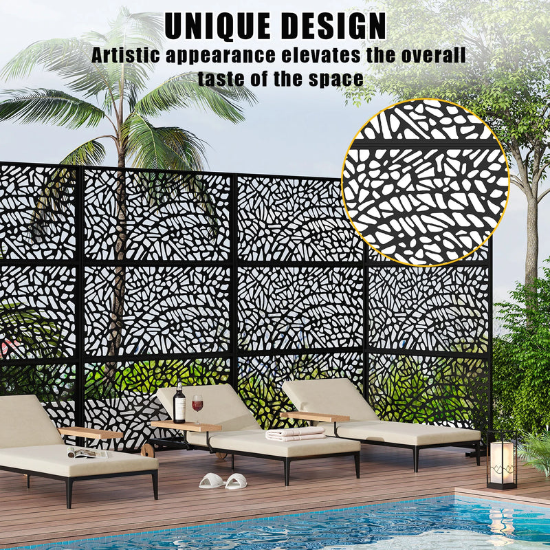 Paravent extérieur métal noir mat feuilles ou mosaïque, pour un coin repas en plein air