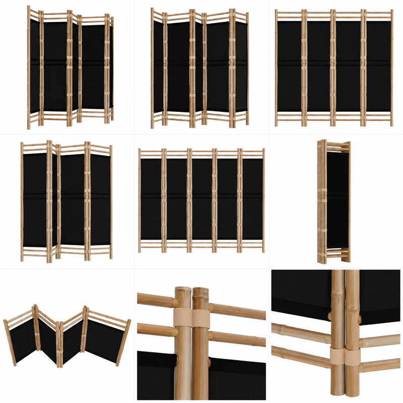 Paravent 5 Panneaux Bambou Toile Noire Hauteur 200 cm