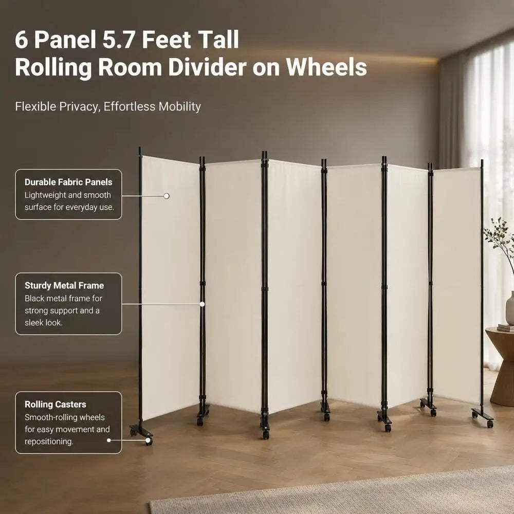 Paravent 6 Panneaux sur Roulettes Tissu Beige 335 x 173 cm