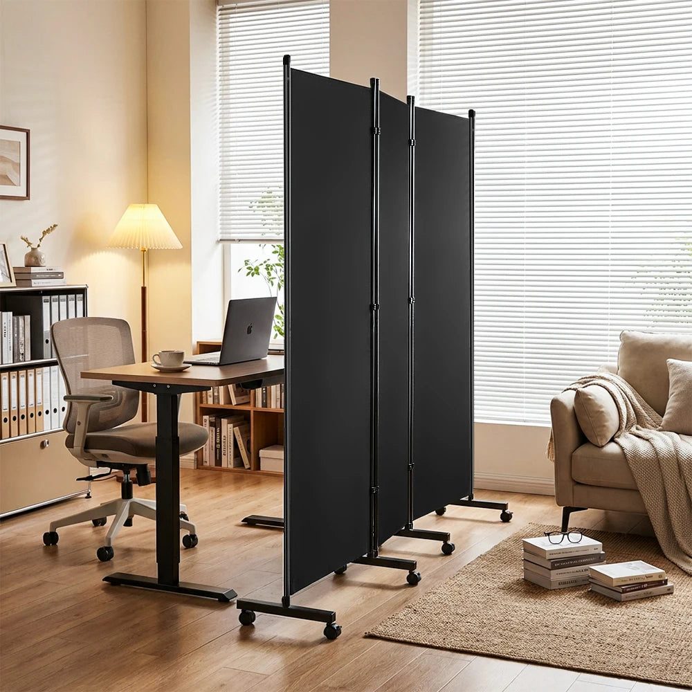 Paravent 3 Panneaux sur Roulettes Tissu Noir Intérieur Extérieur 259 x 183 cm