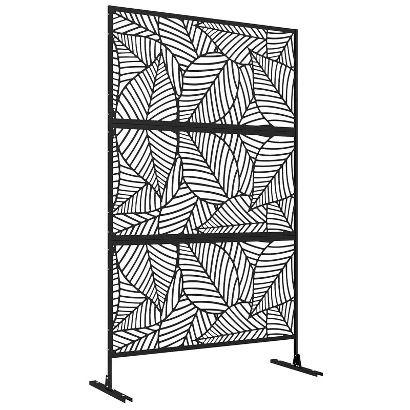 Paravent extérieur métal noir 3 sections feuilles filigranées, pour une terrasse