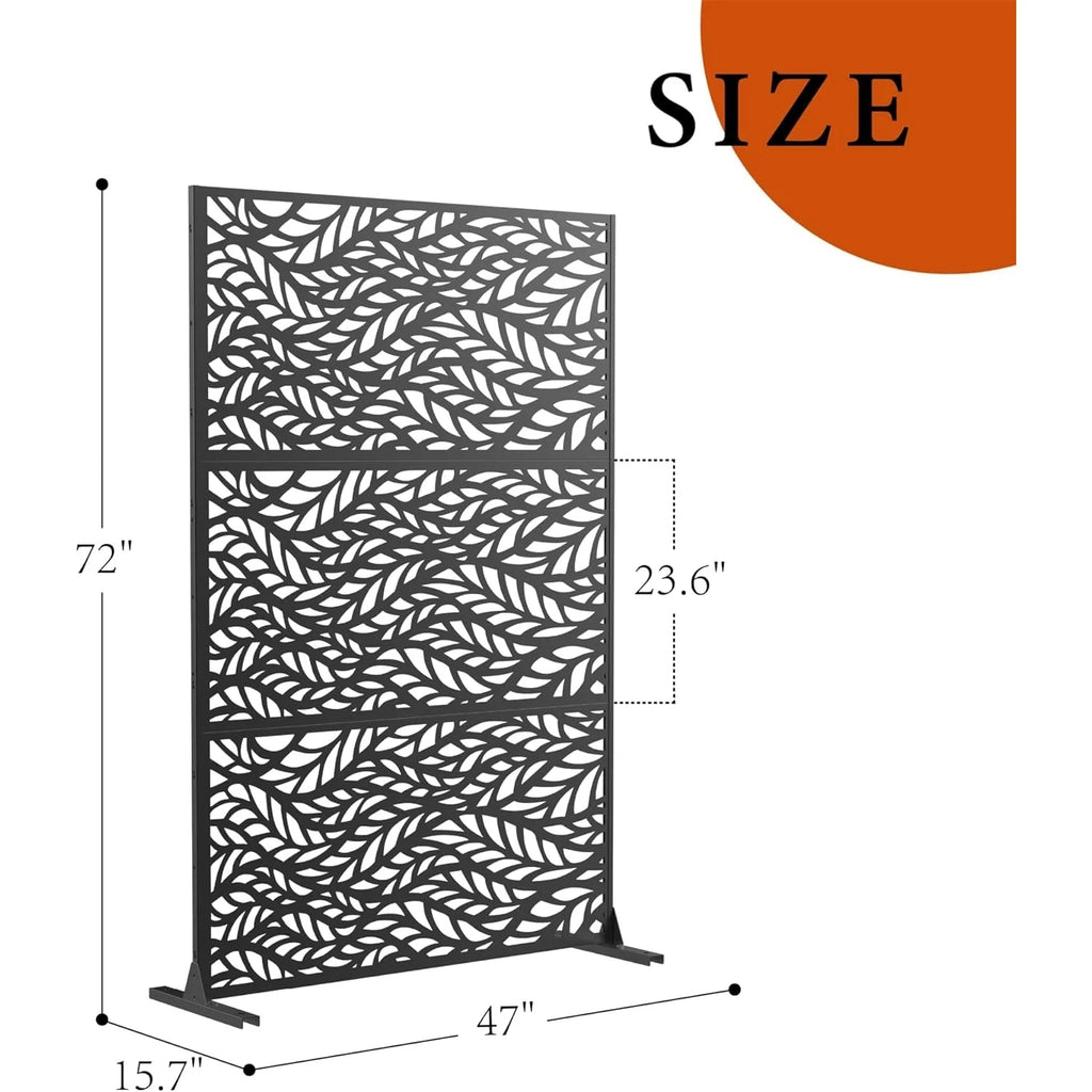 Paravent Extérieur Métal Noir Motif Feuilles Autoportant 119 x 183 cm
