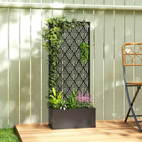 Jardinière métal noir avec treillis ajouré, dimensions 45 x 21,5 x 110 cm