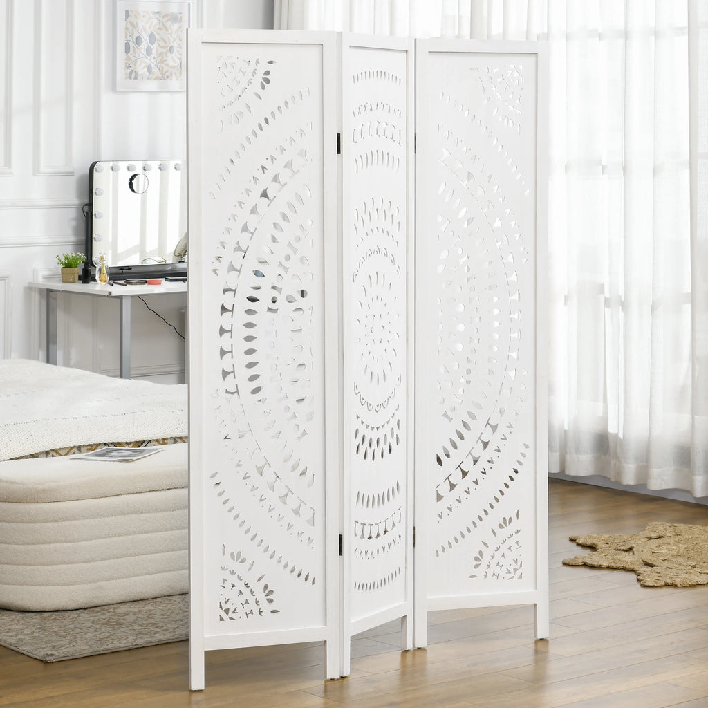 Paravent 3 Panneaux Bois Ajouré Rosace Blanc 120 x 170 cm