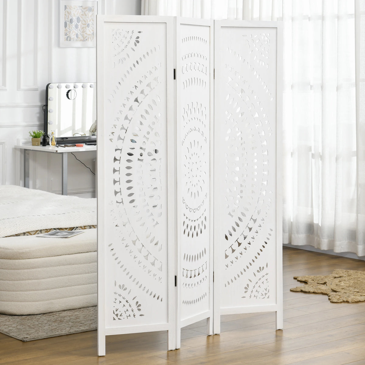 Paravent 3 Panneaux Bois Ajouré Rosace Blanc 120 x 170 cm
