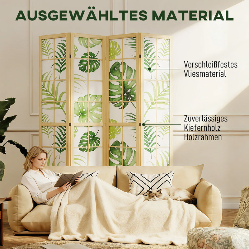Paravent 4 Panneaux Imprimé Palmiers Tropicaux Cadre Bois de Pin 160 x 170 cm