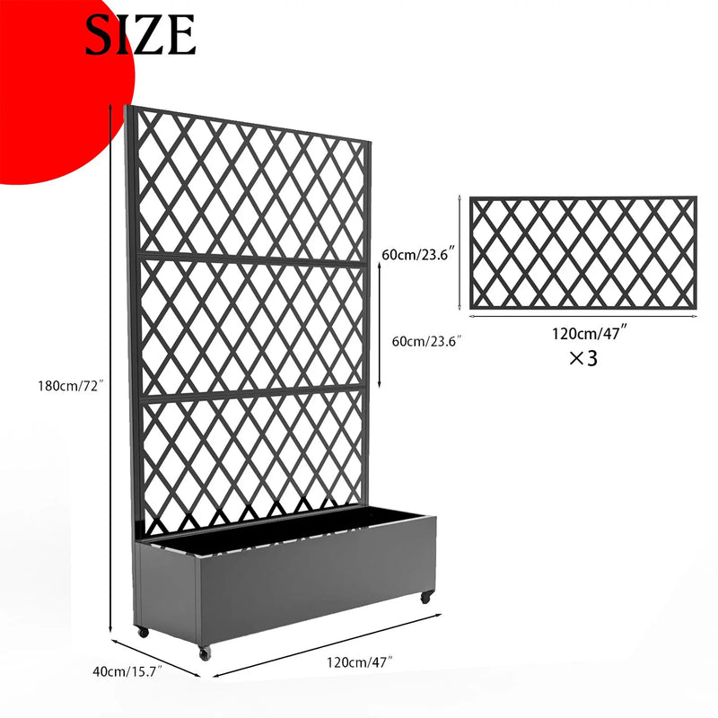 Paravent extérieur jardinière treillis losanges roulettes noir blanc, pour une terrasse