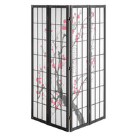 Paravent Japonais 4 Panneaux Fleurs de Cerisier Bois Noir 162 x 170 cm