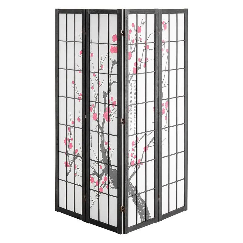 Paravent Japonais 4 Panneaux Fleurs de Cerisier Bois Noir 162 x 170 cm
