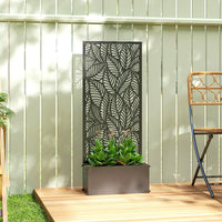 Jardinière métal avec treillis motif feuilles anthracite, dimensions 45 x 110 cm
