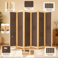 Paravent 6 Panneaux Bois et Tissu Marron 240 x 170 cm