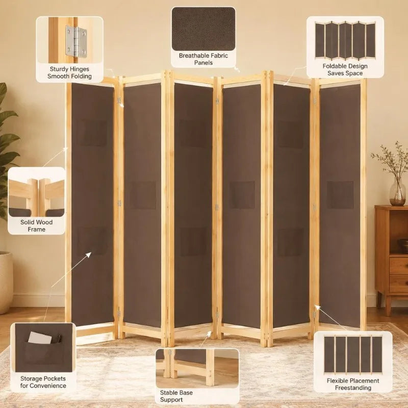Paravent 6 Panneaux Bois et Tissu Marron 240 x 170 cm