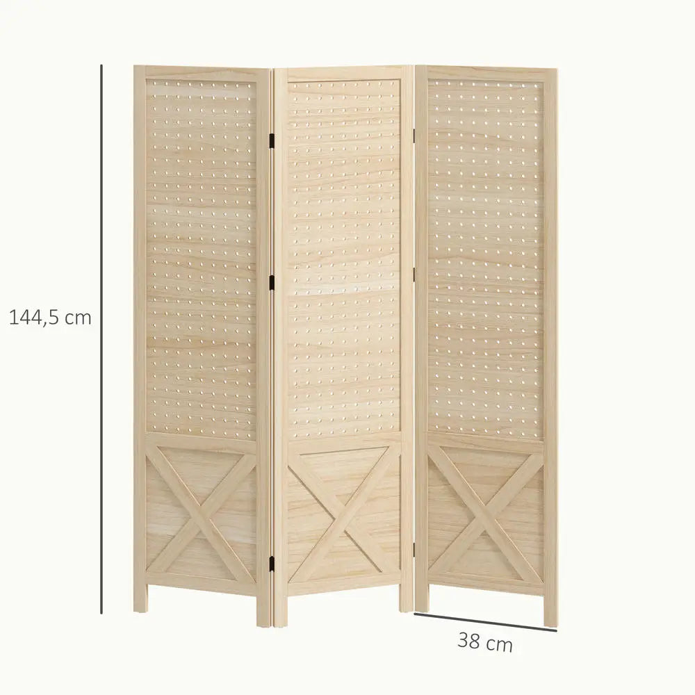 Paravent 3 Panneaux Perforés Bois Naturel 114 x 144,5 cm