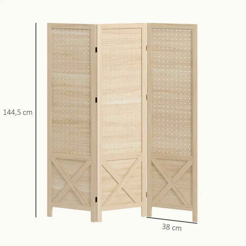Paravent 3 Panneaux Perforés Bois Naturel 114 x 144,5 cm