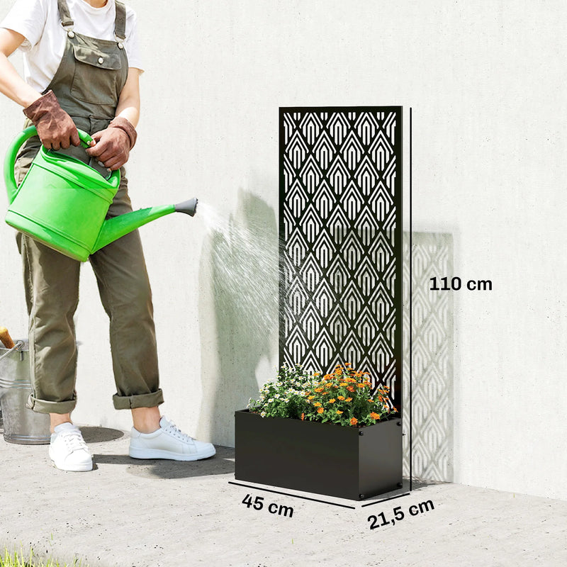 Jardinière métal noir avec treillis ajouré, pour un balcon