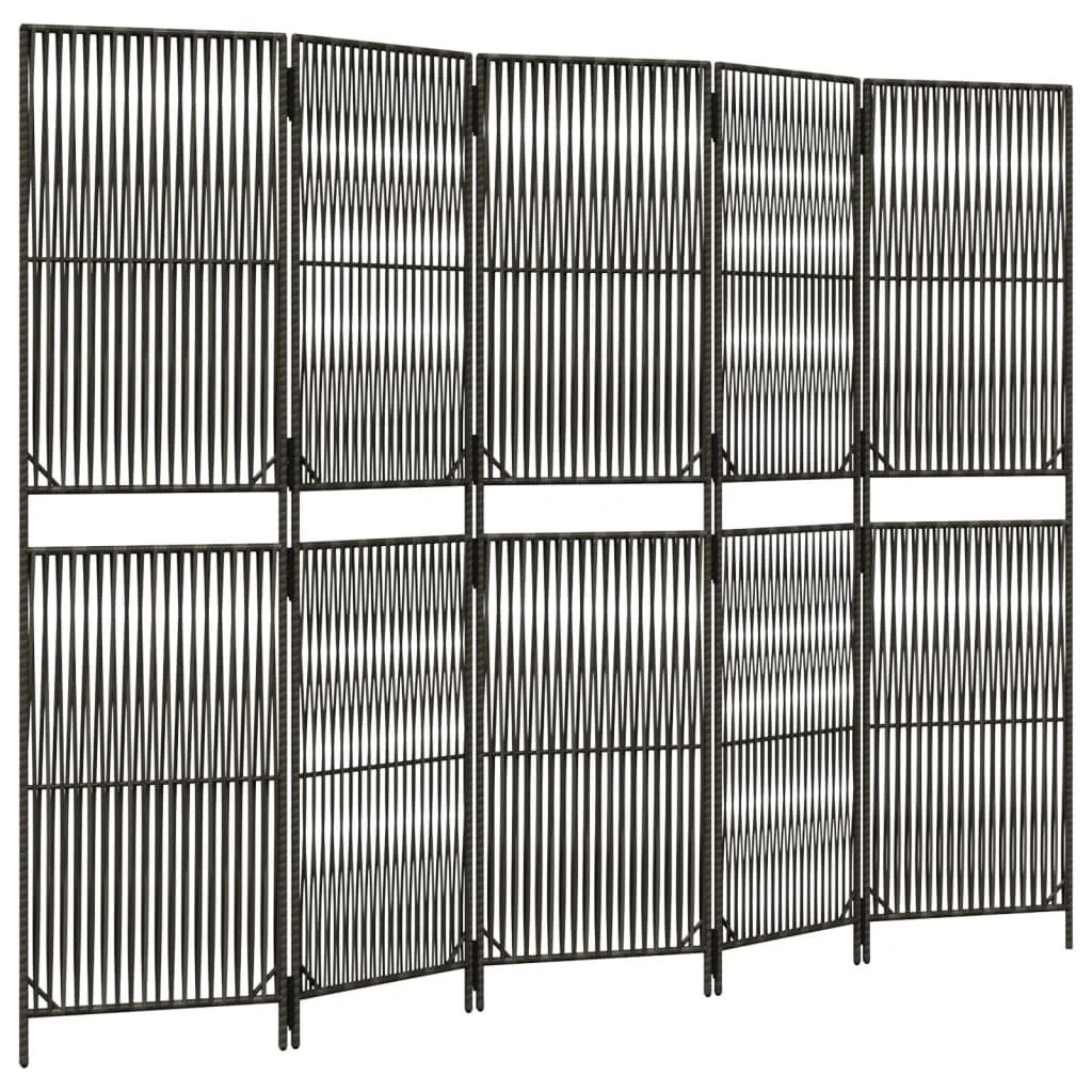 Paravent Pliant 5 Panneaux Polyrotin Gris Tissage Linéaire Cadre Acier