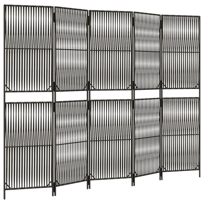 Paravent Pliant 5 Panneaux Polyrotin Gris Tissage Linéaire Cadre Acier