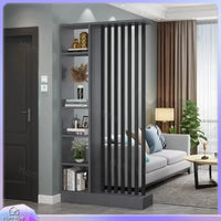 Étagère séparatrice de pièce à lames verticales blanc noir gris, pour un salon