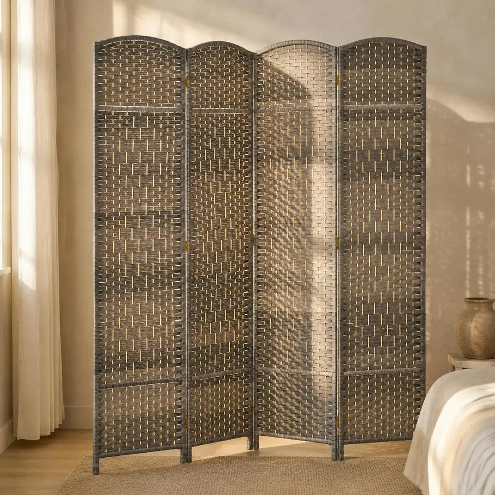 Paravent 4 Panneaux Tressé Gris Cadre Bois de Pin 180 x 180 cm