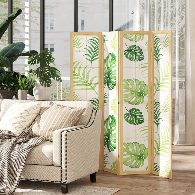 Paravent 4 Panneaux Imprimé Palmiers Tropicaux Cadre Bois de Pin 160 x 170 cm