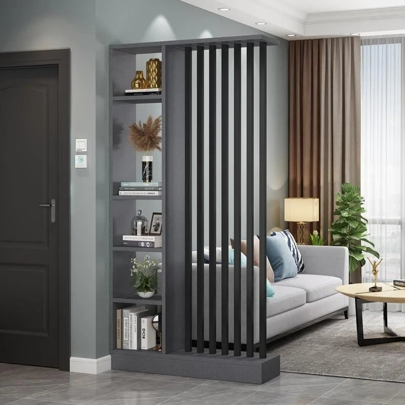 Étagère séparatrice de pièce à lames verticales blanc noir gris, pour séparer une pièce