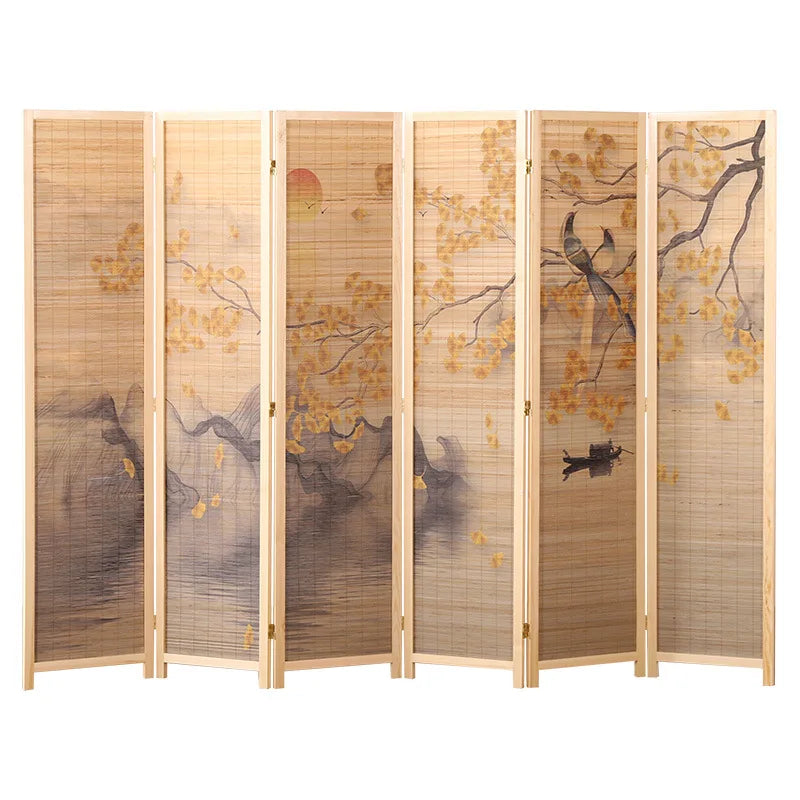 Paravent chinois 6 panneaux bambou paysage encre naturel, pour une chambre