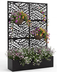 Paravent extérieur jardinière acier noir 4 motifs ajourés, motif feuilles
