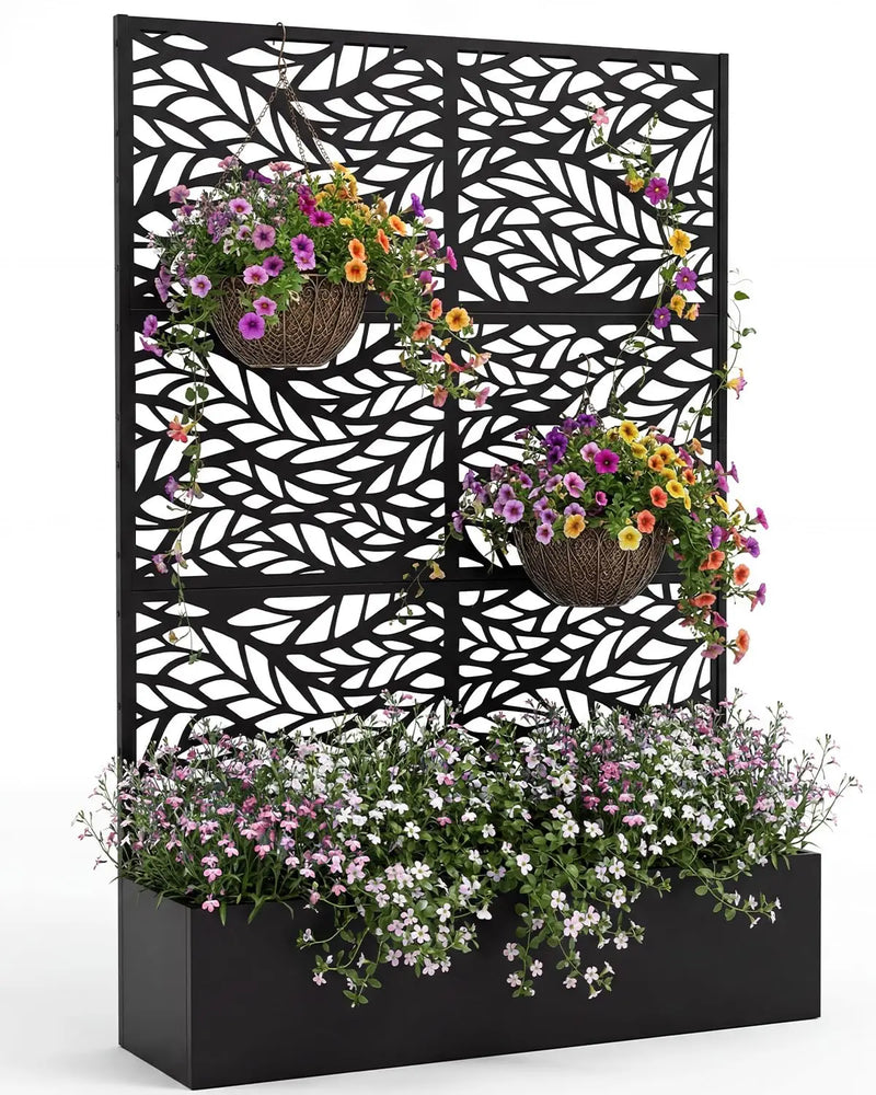 Paravent extérieur jardinière acier noir 4 motifs ajourés, motif feuilles