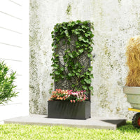 Jardinière métal avec treillis motif feuilles anthracite, pour une terrasse