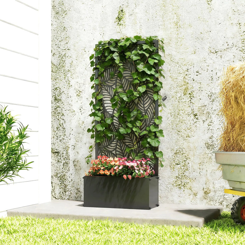 Jardinière métal avec treillis motif feuilles anthracite, pour une terrasse