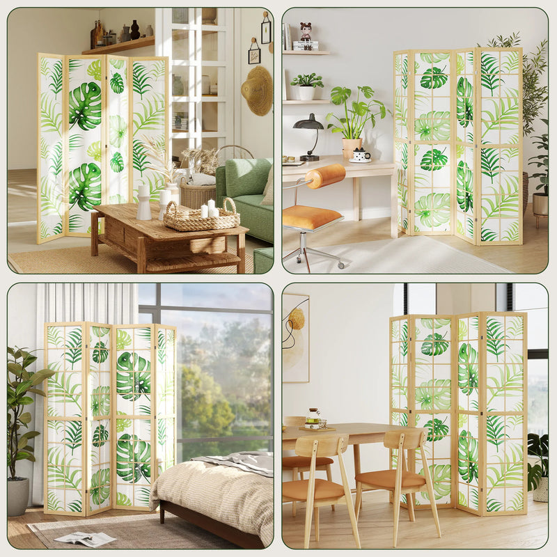 Paravent 4 Panneaux Imprimé Palmiers Tropicaux Cadre Bois de Pin 160 x 170 cm