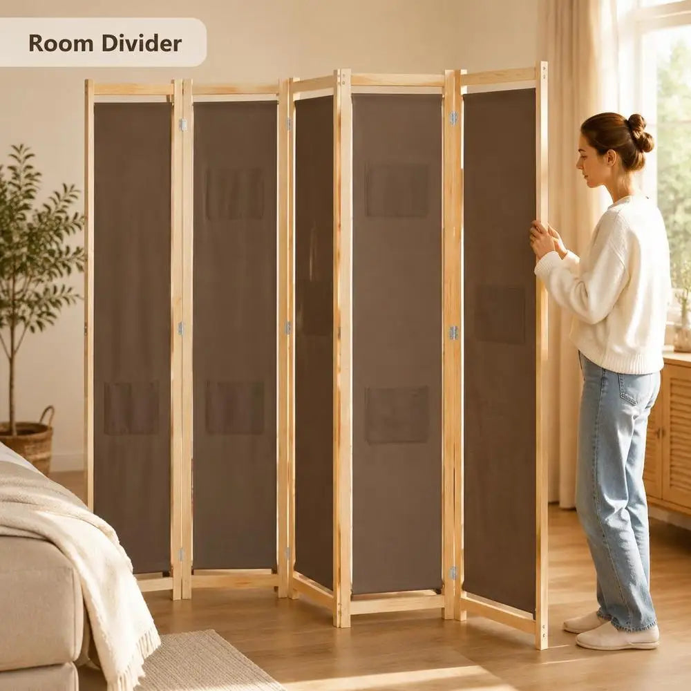 Paravent 6 Panneaux Bois et Tissu Marron 240 x 170 cm