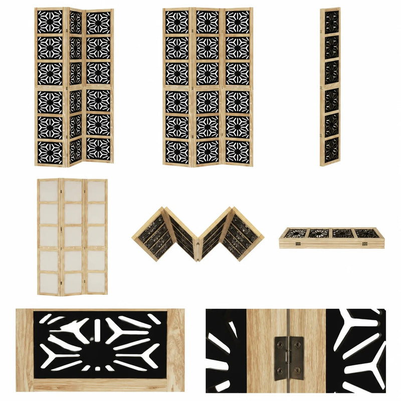 Paravent 3 panneaux ajouré motif géométrique paulownia naturel et noir, pour aménager un coin dressing