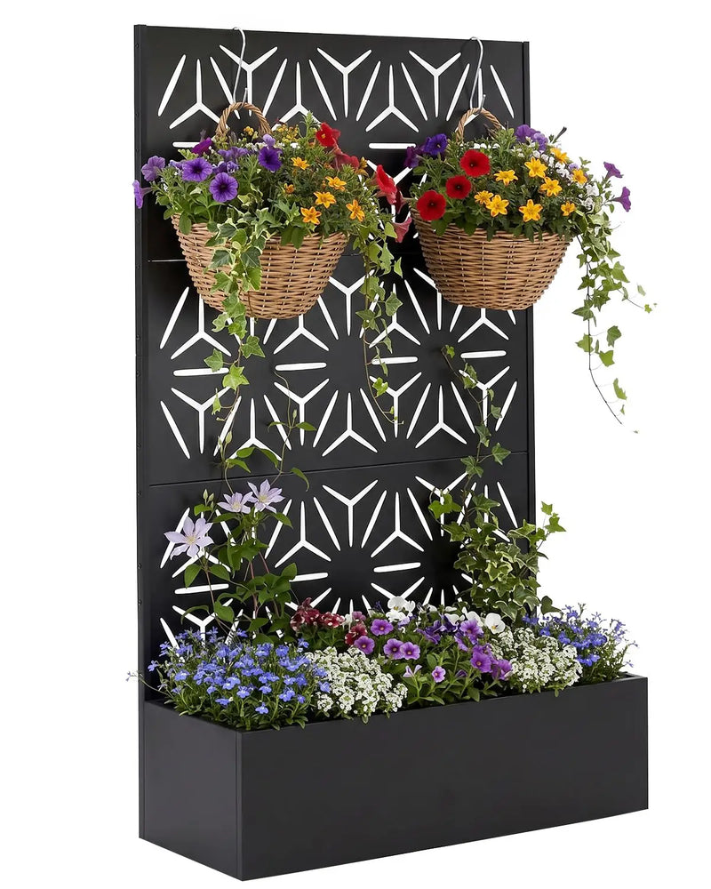 Paravent extérieur jardinière acier noir 4 motifs ajourés