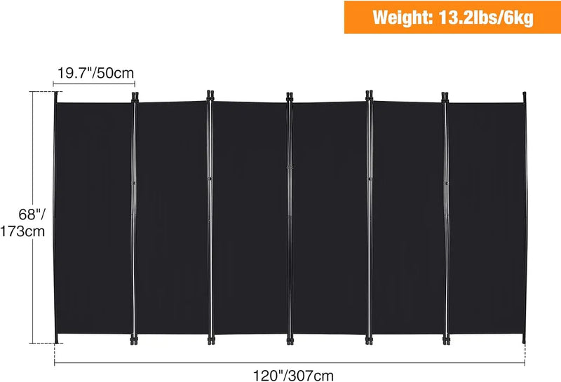 Paravent 6 Panneaux Tissu Noir Occultant 307 x 173 cm