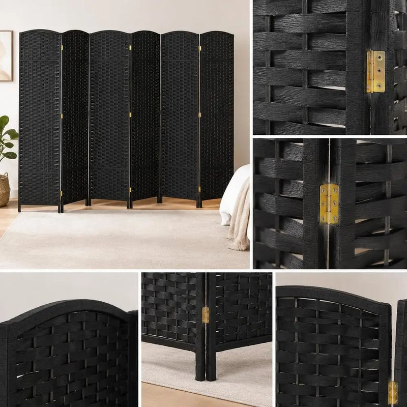 Paravent 6 Panneaux Tressé Polypropylène Noir Cadre Bois de Pin 240 x 170 cm