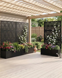 Paravent extérieur jardinière acier noir 4 motifs ajourés, pour un jardin