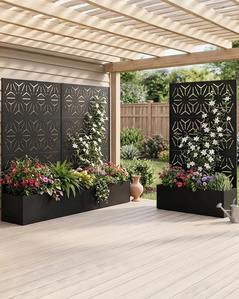 Paravent extérieur jardinière acier noir 4 motifs ajourés, pour un jardin