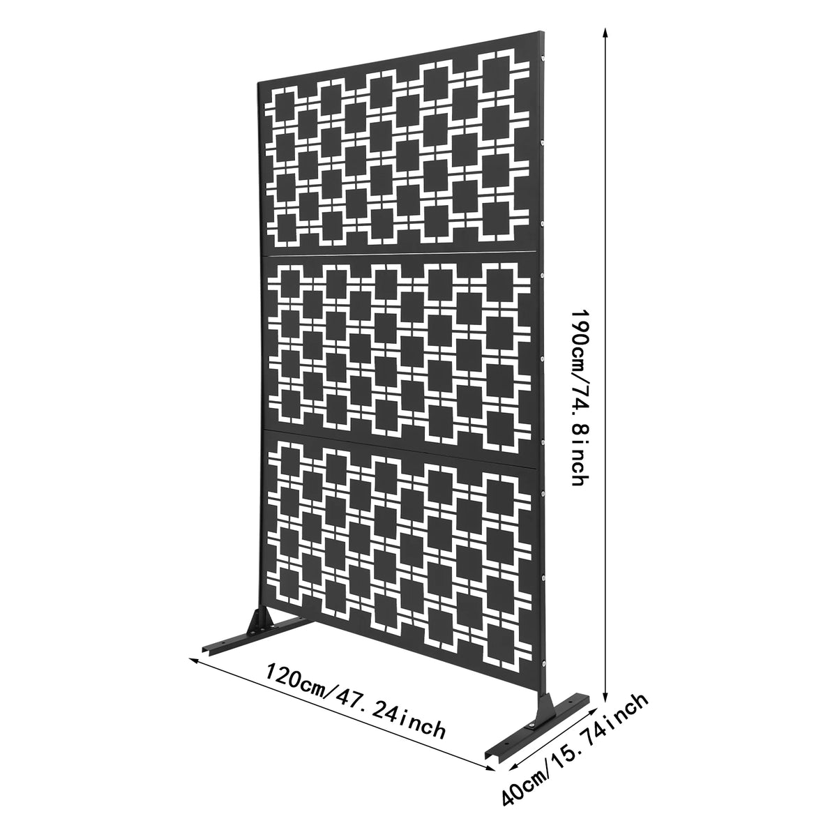 Paravent Extérieur Métal Noir Motif Carrés Imbriqués Autoportant 120 x 190 cm