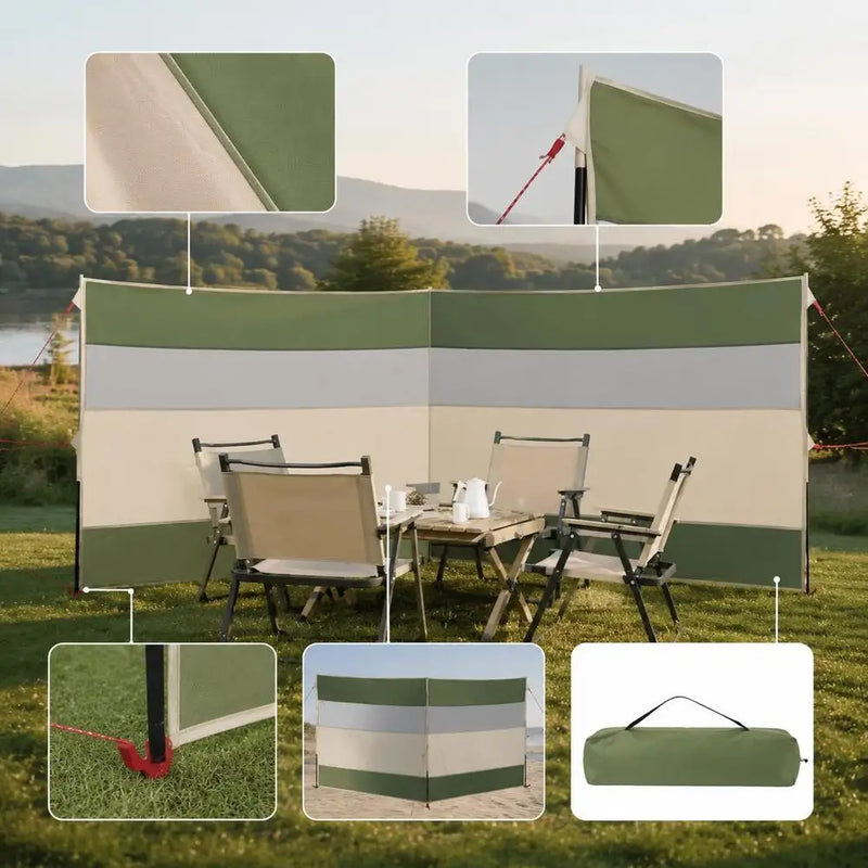 Paravent de camping polyester vert et crème, dimensions 340 x 130 cm